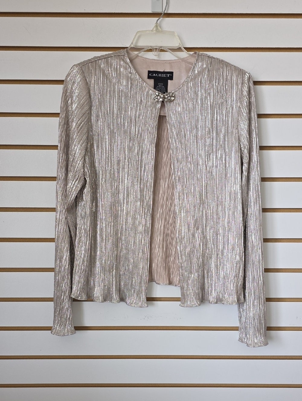 Cachet Metallic Pleated Open Front Jacket in Champagne